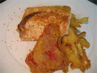 Pez espada con verduras  tempura y polvo de limón